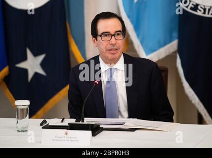 Washington, Untied States. 19th May, 2020. Treasury Secretary Steven Mnuchin speaks during a Cabinet meeting held by President Donald Trump in the East Room at the White House in Washington, DC on Tuesday, May 19, 2020. Photo by Kevin Dietsch/UPI Credit: UPI/Alamy Live News Stock Photo
