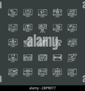 Video production chalk white icons set on black background Stock Vector