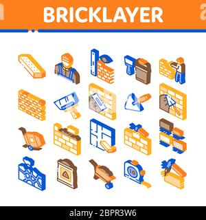 Bricklayer Industry Isometric Icons Set Vector Stock Vector