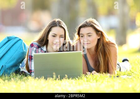 Front view of two students learning on line with laptop lying on the grass in an university campus Stock Photo