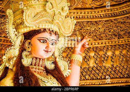 Chandannagar, West Bengal, India - November 16, 2018: Maa Jagadhatri Idol.Very well decorated. Captured from a famous temple. It is religious festival Stock Photo