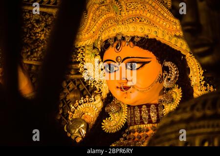 Chandannagar, West Bengal, India - November 16, 2018: Maa Jagadhatri Idol taken during Jagadhatri Puja festival. It is traditionla religious festival Stock Photo