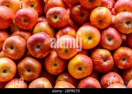 Freshly juicy picked heap of Red apples. Colorful fruit pattern. Seamless abstract design of decorative element object. Backdrop, texture or decoratio Stock Photo