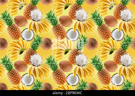 seamless colorful pattern with tropical fruits on a yellow background. Stock Photo