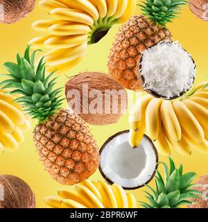 seamless colorful pattern with tropical fruits on a yellow background. Stock Photo