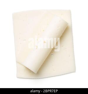 Goat cheese slices isolated on white background. Top view Stock Photo