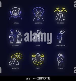 Feeling neon light icons set Stock Vector