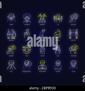 Human feelings neon light icons set Stock Vector