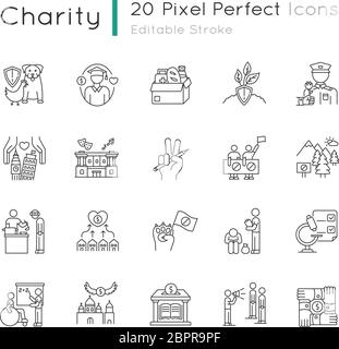 Charity pixel perfect linear icons set Stock Vector