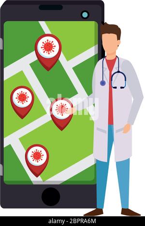 doctor and smartphone with app of infections location covid 19 Stock Vector