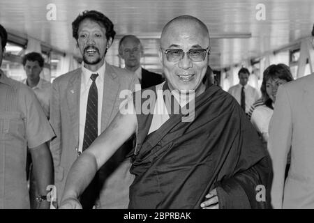 His holiness the Dalai Lama arriving at London's Heathrow Airport in April 1988. Stock Photo