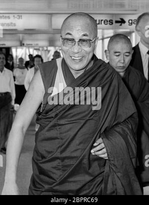 His holiness the Dalai Lama arriving at London's Heathrow Airport in April 1988. Stock Photo