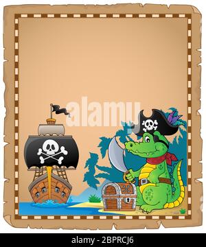 Parchment with pirate crocodile on coast - picture illustration. Stock Photo
