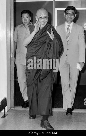 His holiness the Dalai Lama arriving at London's Heathrow Airport in April 1988. Stock Photo