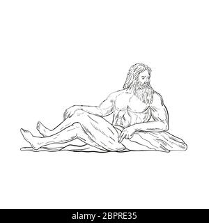 Drawing sketch style illustration of Heracles, a Greek hero and god, reclining, sitting or resting looking to side viewed from side on isolated white Stock Photo