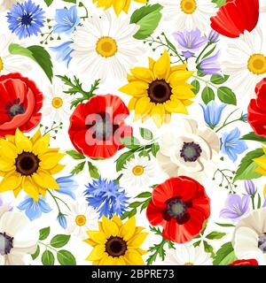 Vector seamless pattern with colorful flowers (sunflowers, poppies, daisies, bluebells and cornflowers). Stock Vector