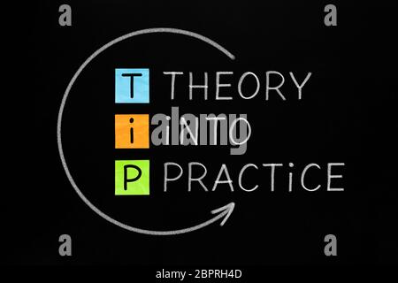 Putting Theory Into Practice TIP acronym arrow concept handwritten with white chalk on blackboard.