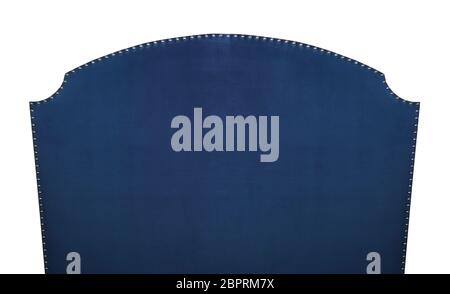 Dark indigo navy blue soft velvet fabric shaped bed headboard isolated on white background, front view Stock Photo
