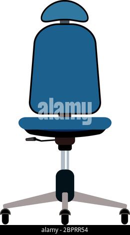 Blue office chair with headrest vector illustration. Furniture with rolls and all equipment tor it. Object isolated on white. Use for office interior Stock Vector