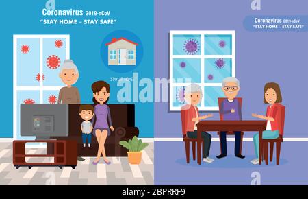 set scenes of stay at home campaign with families Stock Vector