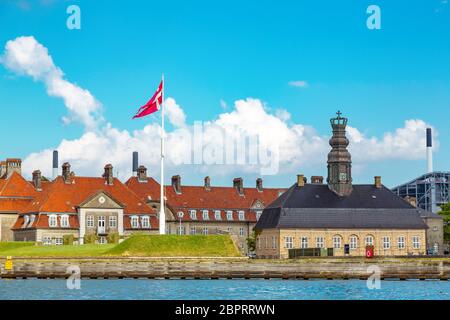 Central Guardhouse in Former harbor naval base Nyholm, Copenhagen, Denmark. Nyholm Central Guardhouse and other buildings of Nyholm Naval Base. Nyholm Stock Photo