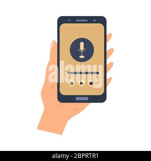 Microphone sign in the phone. Listening to the radio, podcast. Media hosting flat vector illustration. Hand holds smartphone Stock Vector