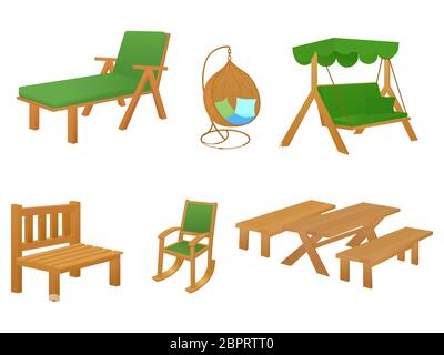 Set of wooden cartoon garden furniture. furniture for a country house. vector illustration isolated on white background Stock Vector