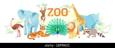 Zoo flat landscape, Cute cartoon animal set background. Exotic Wildlife illustration with tiger lion elephant rhino monkey racoon giraffe ostrich peacock. zoological park vector scenery web cover. Stock Vector