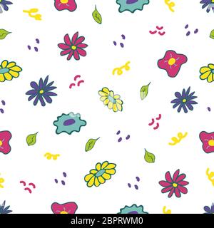 Seamless pattern with different bright flowers and leaves. Colorful print, suitable as wrapping paper or fabric. Cartoon vector Stock Vector