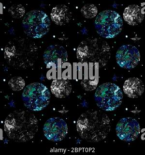 Space seamless pattern on black background with stars, planets, galaxies and moon. Stars against the night sky. Stock Photo