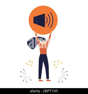 A girl stands and holds a volume button over her head. Flat vector illustration isolated on white background. Design element for video and music Stock Vector
