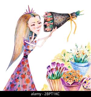 Girl with bouquets of tulips, roses, eustoma and mimosa. Princess of flowers in a purple dress with roses. Illustration with colored pencils. Stock Photo