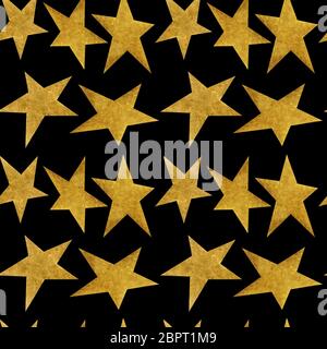 Seamless pattern with golden metallic stars on a black background. Stylish ornament with geometric repeating shapes. Stock Photo