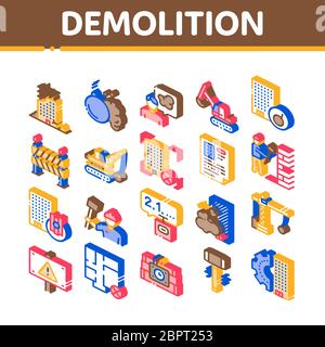 Demolition Building Isometric Icons Set Vector Stock Vector
