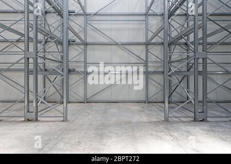 Empty Shelving Racks in New Distribution Warehouse Stock Photo