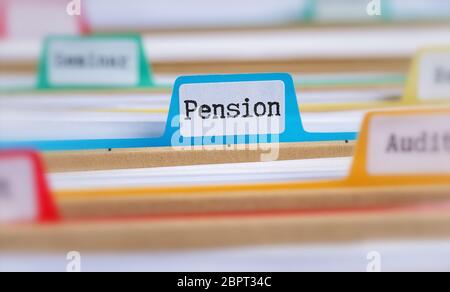File folders with a tab labeled Pension Stock Photo