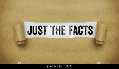 Torn brown paper revealing the words Just the facts Stock Photo
