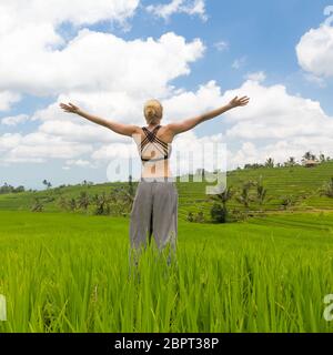 Relaxed woman, arms rised, enjoying life of beautiful green rice fields on Bali. Young lady feeling free, relaxed and happy. Concept of vacations, fre Stock Photo