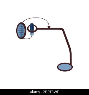 Microphone with filter and stand. Media hosting. Sound recording equipment. DJ on the radio, podcast. Vector illustration flat Stock Vector