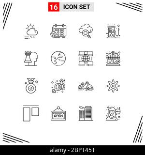 Pack of 16 Modern Outlines Signs and Symbols for Web Print Media such as business, station, appointment, gas, technology Editable Vector Design Elemen Stock Vector