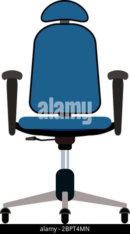 Blue office chair with headrest and handles vector illustration. Furniture with rolls and all equipment tor it. Object isolated on white. Use for offi Stock Vector