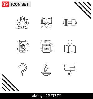 Group of 9 Modern Outlines Set for food, spy, dumbbell, security, bug Editable Vector Design Elements Stock Vector