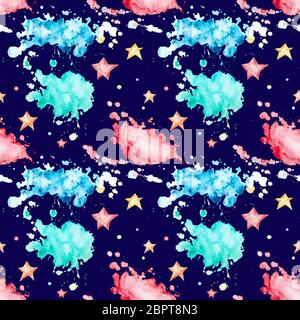 Seamless pattern with multicolored watercolor blots and stars on the background of the night dark sky and stars. Watercolor spots of green, blue and r Stock Photo