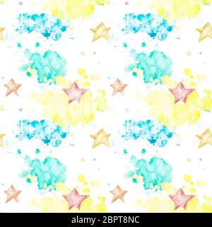 Seamless pattern with multicolored watercolor blots and asterisks on white background. Watercolor spots of yellow, green and blue in the form of cloud Stock Photo