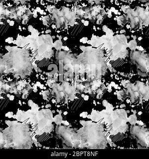 Black and white seamless pattern with watercolor blots on night dark sky background. Watercolor spots in the form of thunderclouds with lightning and Stock Photo