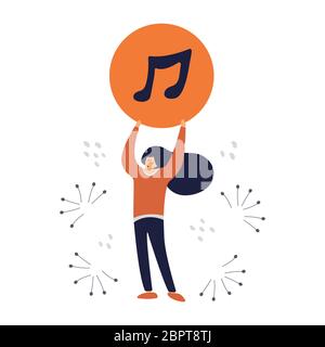 A girl stands and holds a button with a note above her head. Flat vector illustration isolated on white background. Design element for music Stock Vector