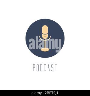 Microphone sign in a round frame. Listening to the radio, podcast. Media hosting vector illustration with the inscription Stock Vector