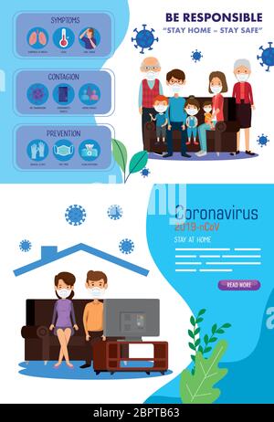 set scenes of stay at home campaign with families Stock Vector