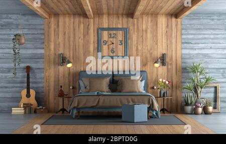 Master bedroom in rustic style with blue double bedroom against wooden paneling 3d rendering Stock Photo