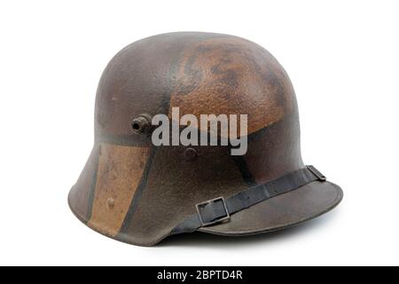 a German World War One (Stahlhelm) military helmet on white background Stock Photo
